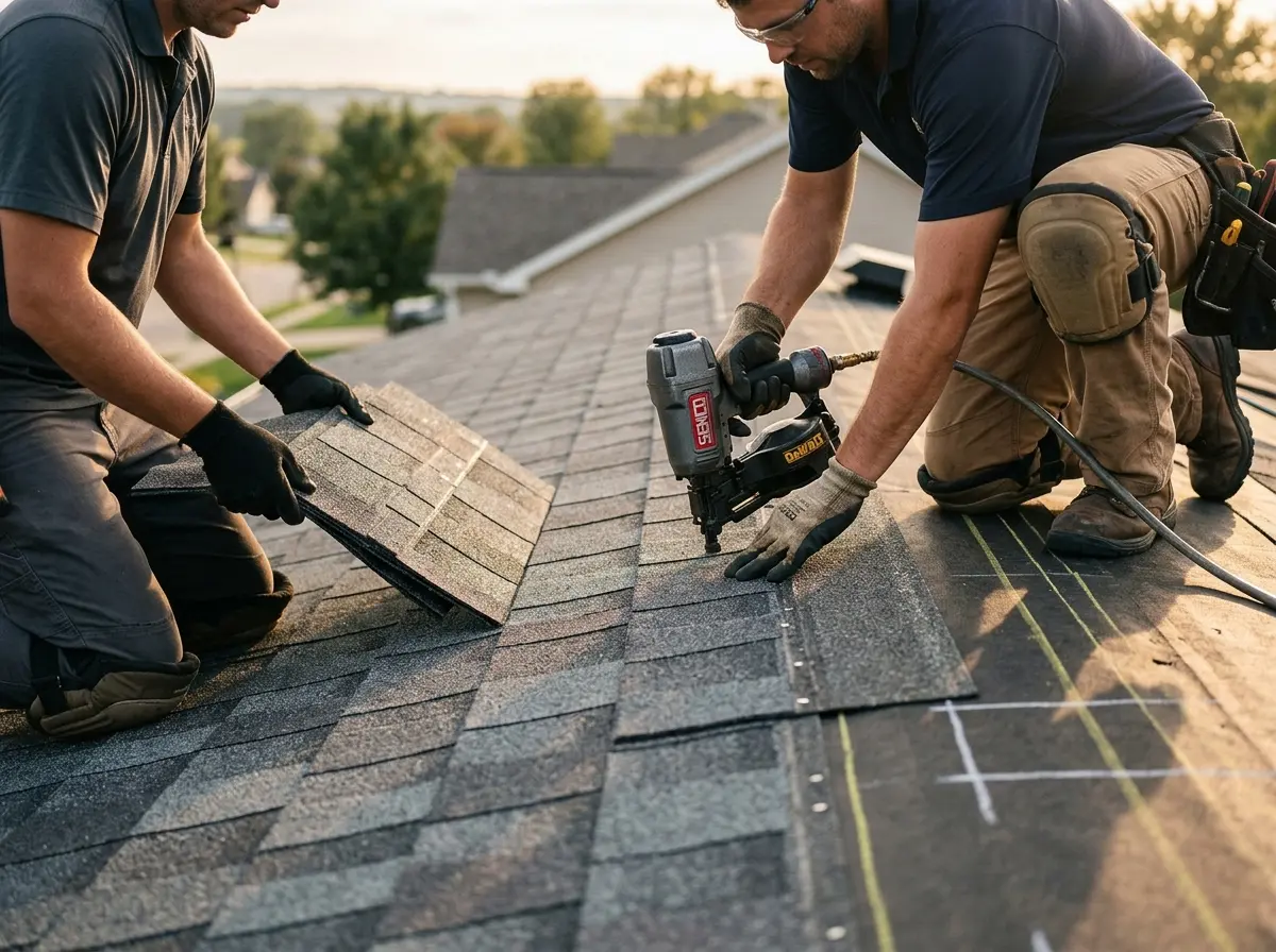Professional roofer working on a residential roof in North Smithfield